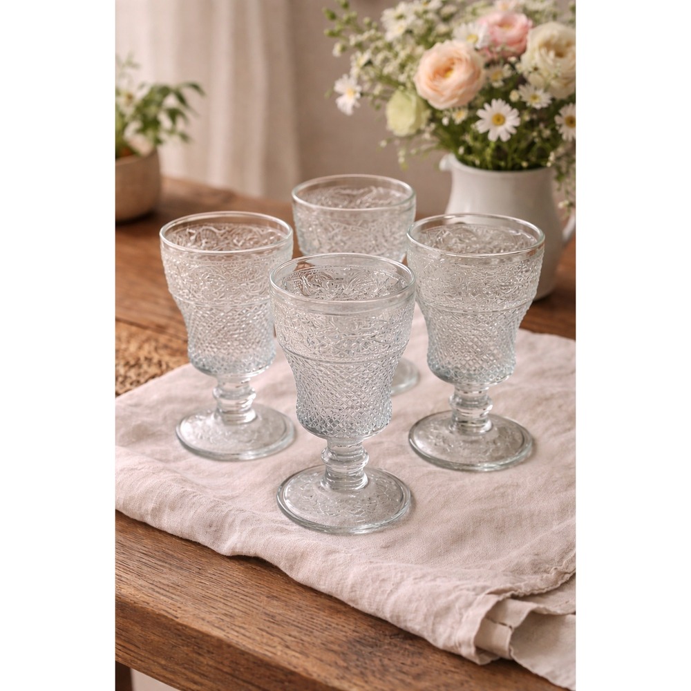Vintage Pressed Glass Heavy Goblets Set of 4 Floral Etched Cottagecore Drink